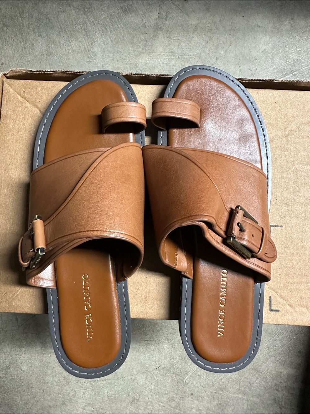 Vince Camuto Brown Leather Buckle Slide Sandals
